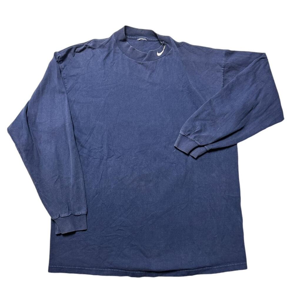 Nike Vintage 90s embroidered Swoosh Navy Blue Mock Neck Longsleeve T-shirt XL